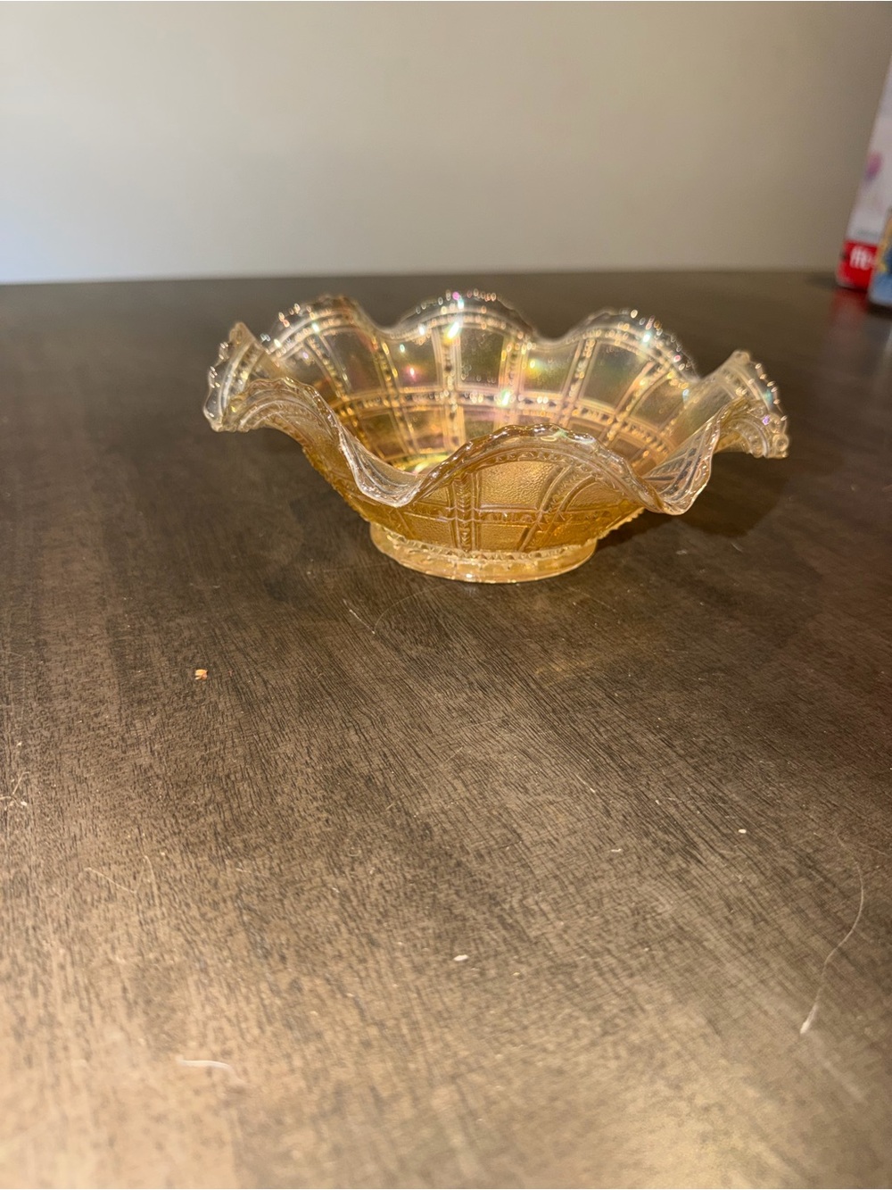 Iridescent Carnival Glass Ruffled Dish - Amber